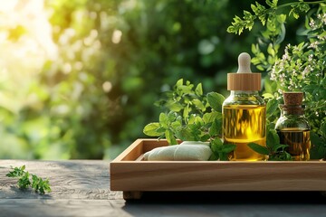 Herbal oil bottles on a tray surrounded by fresh herbs and greenery.