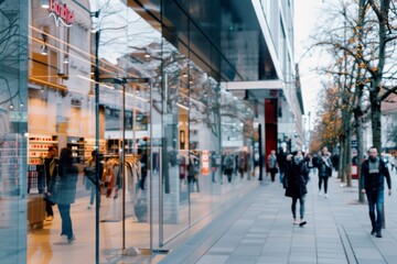 Busy shoppers stroll down a modern city street lined with glass-fronted stores, reflecting the lively hustle and seasonal decorations.