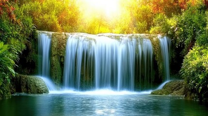 Obraz premium Serene Waterfall in Lush Green Landscape