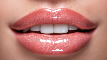 Obraz premium Close-Up of Woman’s Lips with Glossy Light Pink Lipstick and Smooth Shiny Finish, Slightly Parted to Reveal Straight White Teeth