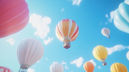 Fototapeta premium Multiple hot air balloons gently drift through the air on a clear, sunny day, their vivid colors standing out against the blue sky.