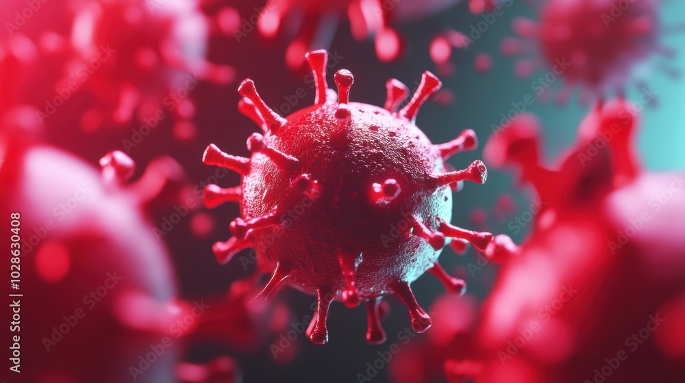 Aufkleber 3d rendering of a red virus particle in close-up view, displaying spiked proteins and detailed textu