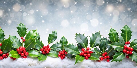 Panoramic Christmas background with holly leaves and flowers
