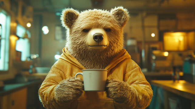 Grimmiger B&auml;r trinkt seinen Morgenkaffee, ideal f&uuml;r ein humorvolles Guten-Morgen-Bild, Social Media oder Gru&szlig;karten.