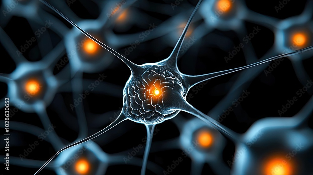 Poster close-up view of interconnected neurons with glowing elements in a dark background.