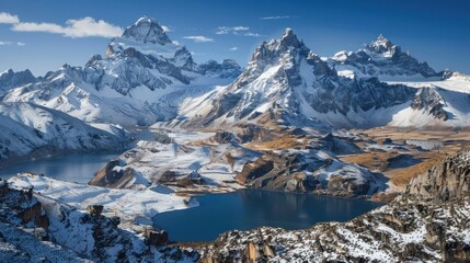 Snowy Mountain Peaks and Glacial Lakes in a Remote Landscape