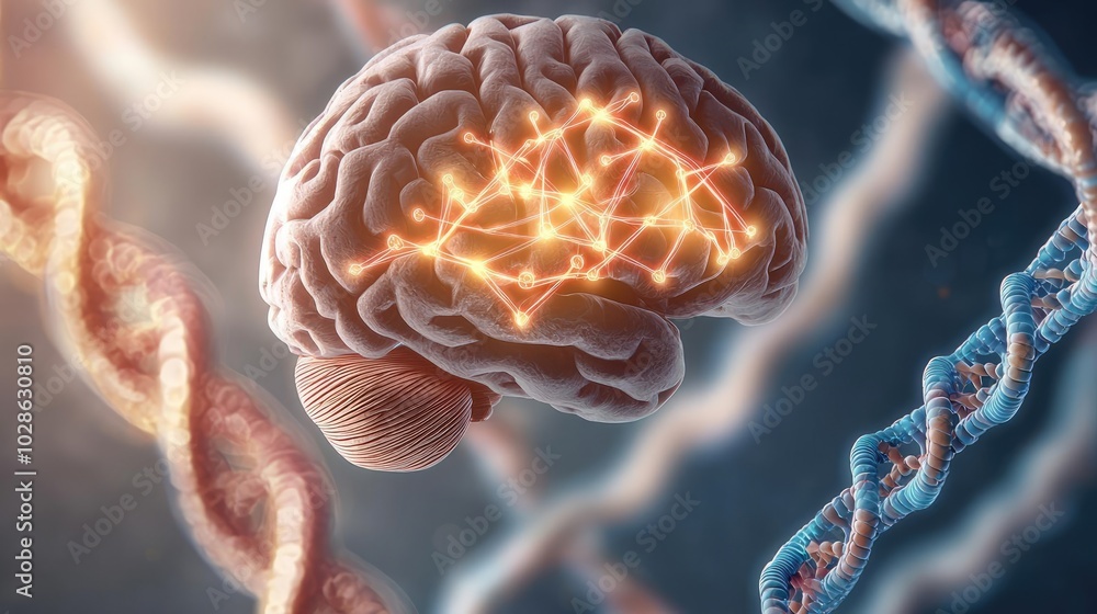 Poster abstract representation of a brain with neural connections and dna strands.