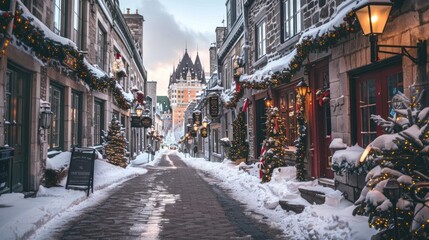Fototapeta premium Snowy Cobblestone Street with Christmas Decorations and Streetlights in Quebec City