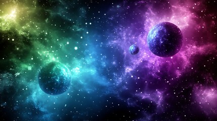 A breathtaking view of a nebula with three planets and a multitude of stars.