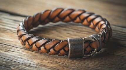 Fototapeta premium Stylish Brown Leather Bracelet on Wooden Table