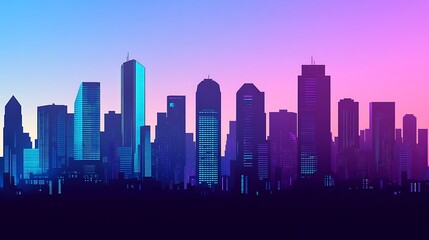 A cityscape silhouette against a gradient sky of purple and blue.