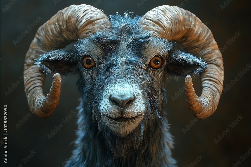 Poster a close-up portrait of a ram with large curled horns, looking directly at the camera with a curious 