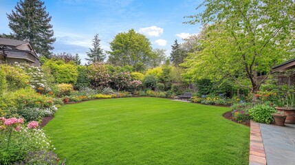 Lush Garden Landscape with Green Lawn and Flowers