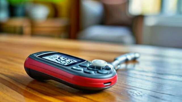 A blood glucose meter resting on a wooden surface, used for monitoring blood sugar levels.