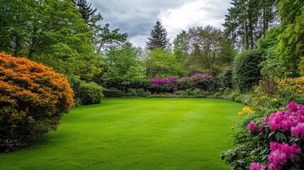 Naklejka premium Lush Garden with Colorful Flowers and Green Lawn