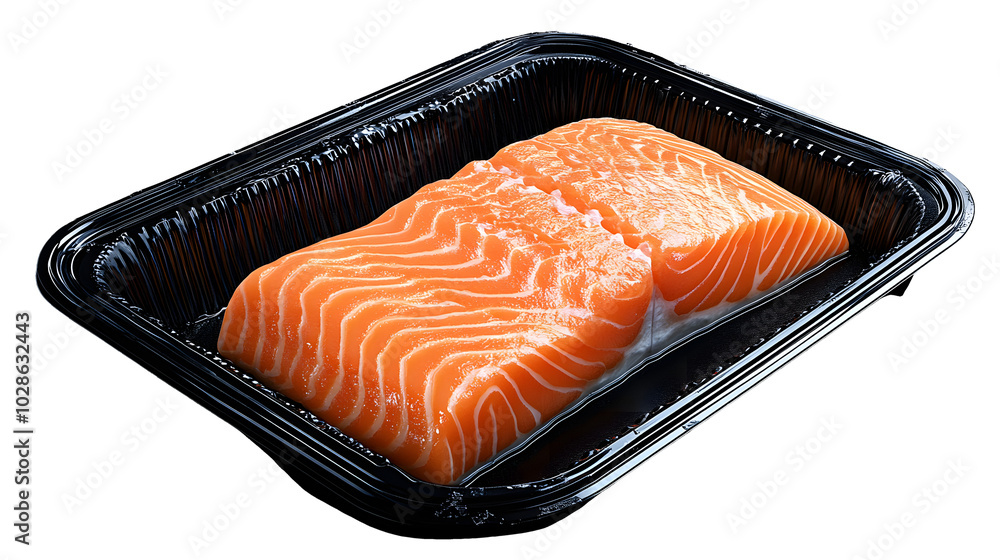 Poster salmon fillet in black styrofoam package front view isolate on transparency background