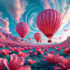 Obraz premium fantasy image features vibrant hot air balloons soaring over a surreal landscape of blooming flowers and swirling skies. Perfect for illustrations, book covers, and creative projects