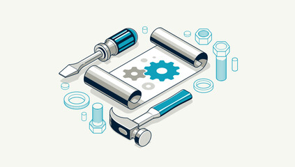 Technics repair manual guidebook concept, user manual and technics instruction brochure, paper sheet with gears and tools 3D isometric vector illustration, repair tutorial.