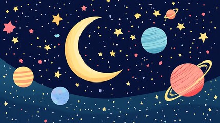 Naklejka premium A crescent moon, planets, and stars in a dark blue sky.