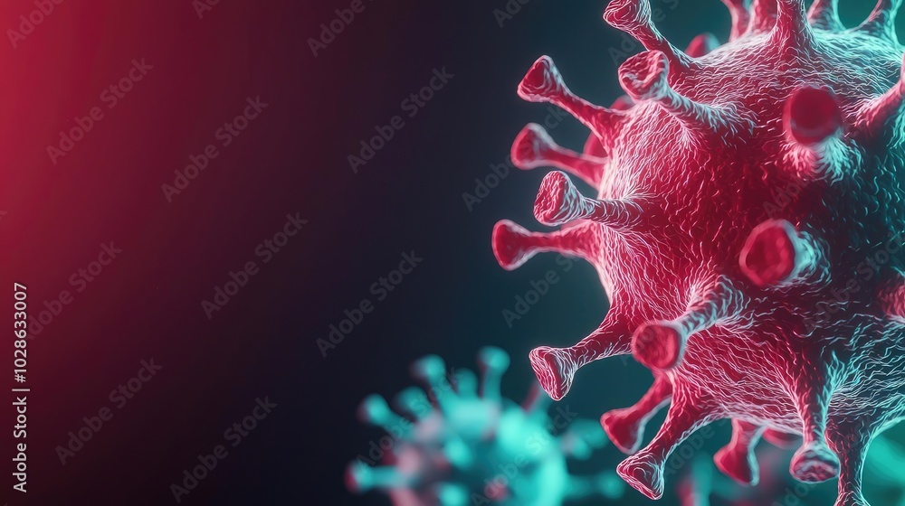 Poster digital illustration of virus structure on a gradient background.