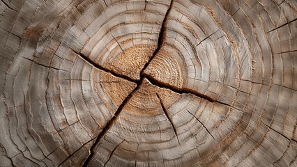 Naklejka premium Close-Up of Wooden Surface with Central Crack and Natural Grain Patterns, Light Beige and Brown Tones, Aged and Weathered Texture