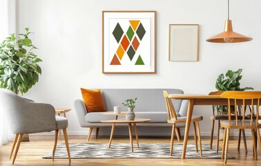 A modern living room with a gray couch, wooden furniture, and green plants.