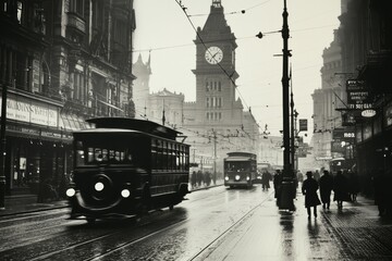 Historic Black and White Image of Flinders Street Station with Streetcars and Pedestrians in the 1910s
