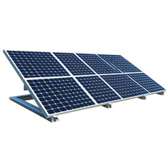 A solar panel is mounted on top of a metal frame isolated on a transparent background