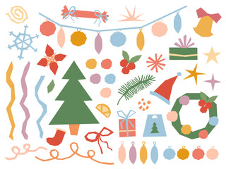 Christmas vector elements set in modern cutout style. Winter decorations, garland, wreath, Christmas tree, baubles, gift boxes, ribbons, red berries. Simple illustrations, muted retro color palette