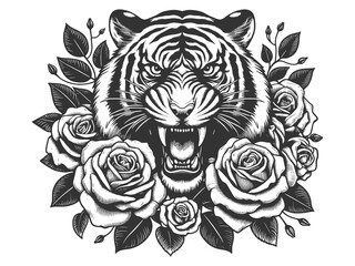 Fototapeta premium roaring tiger surrounded by blooming roses, tattoo. Fierce wildlife with delicate floral elements sketch engraving generative ai raster illustration. Scratch board imitation. Black and white image.