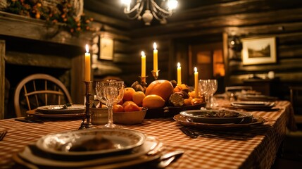 Cozy Dining Table with Checkered Tablecloth and Candles