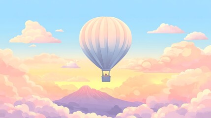 Fototapeta premium A hot air balloon soars above a mountain peak, with fluffy clouds in the sky.