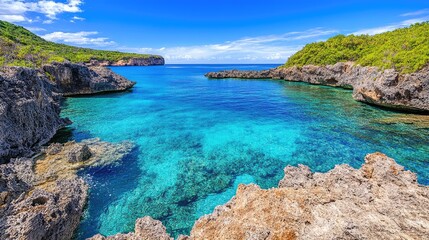 Fototapeta premium Serene Coastal View with Vibrant Blue Waters