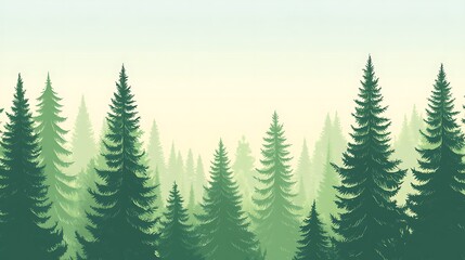 A misty forest landscape with tall pine trees silhouetted against a hazy sky.
