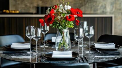 Sleek Modern Dining Table with Black Chairs and Decor