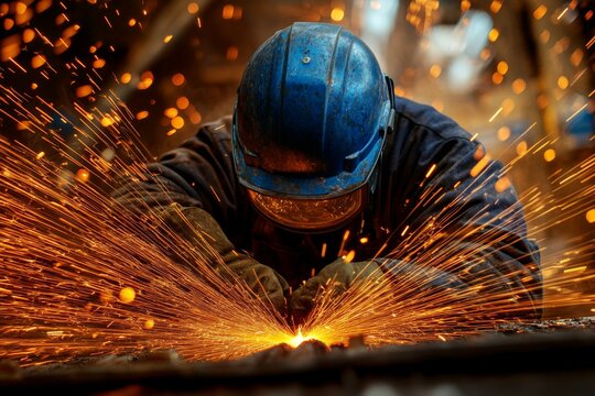 Boilermaker in Dark Blue Safety Helmet Welding Steel Parts in a Factory