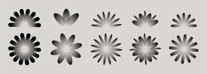 Set of decorative gradient flowers. Vector round elements for design and decor. Flower buds.