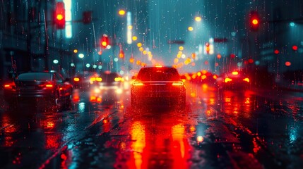 Obraz premium Rainy Night Cityscape with Cars and Streetlights
