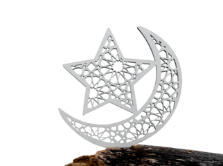 Crescent moon and star shape isolated on white background,White wood with Arab calligrapher or craft for Ramadan Ramadan Mubarak banner design