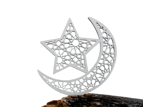 Crescent moon and star shape isolated on white background,White wood with Arab calligrapher or craft for Ramadan Ramadan Mubarak banner design