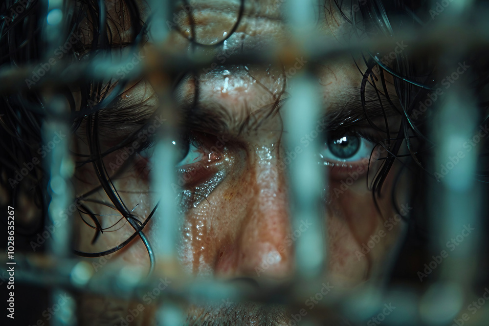 Poster designed with generative ai image of a person in jail cell