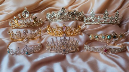 Elegant Tiara Collection on Silk Fabric Background