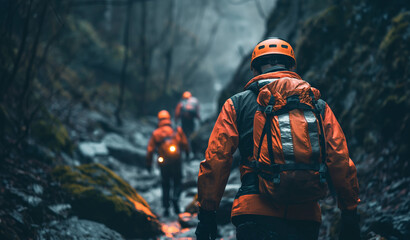 Obraz premium Search and Rescue Team Navigating Rugged Terrain in Mission to Find Missing Persons