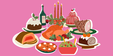 Roast turkey bird on a plate and other dishes for Thanksgiving or harvest festival. Festive table with turkey, candles, wine, salad, pumpkin pie, holiday jelly and baked pork. Vector food icons