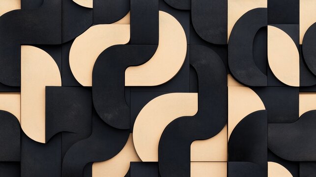 Abstract geometric pattern featuring interlocking black and beige shapes with a three-dimensional effect in a modern design style.