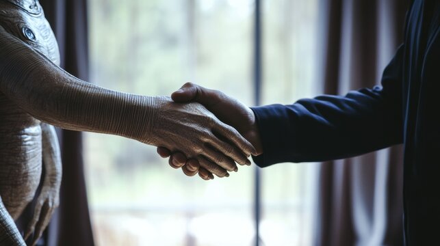 human and an alien shaking hands in modern office