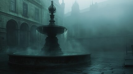 An ornate fountain in a misty, medieval courtyard