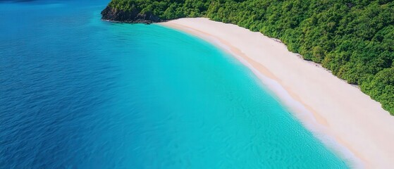 A serene beach with crystal-clear water and lush green foliage, creating a paradise-like tropical landscape.