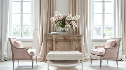 Two Pink Armchairs and a White Ottoman in a Light and Airy Living Room with Large Windows and Pale Curta