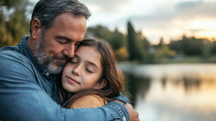 Fototapeta premium Minimalistic stock photo of a father hugging his teenage daughter, both with dark hair, standing by a lake in the park, a look of closeness and happiness, late afternoon light, , medium shot